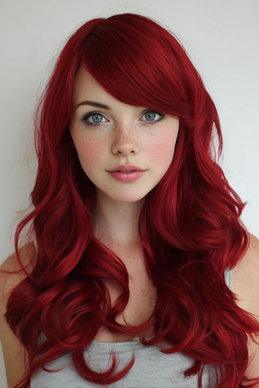 Long Layered Waves with Side‑Swept Fringe — Vibrant Red Color