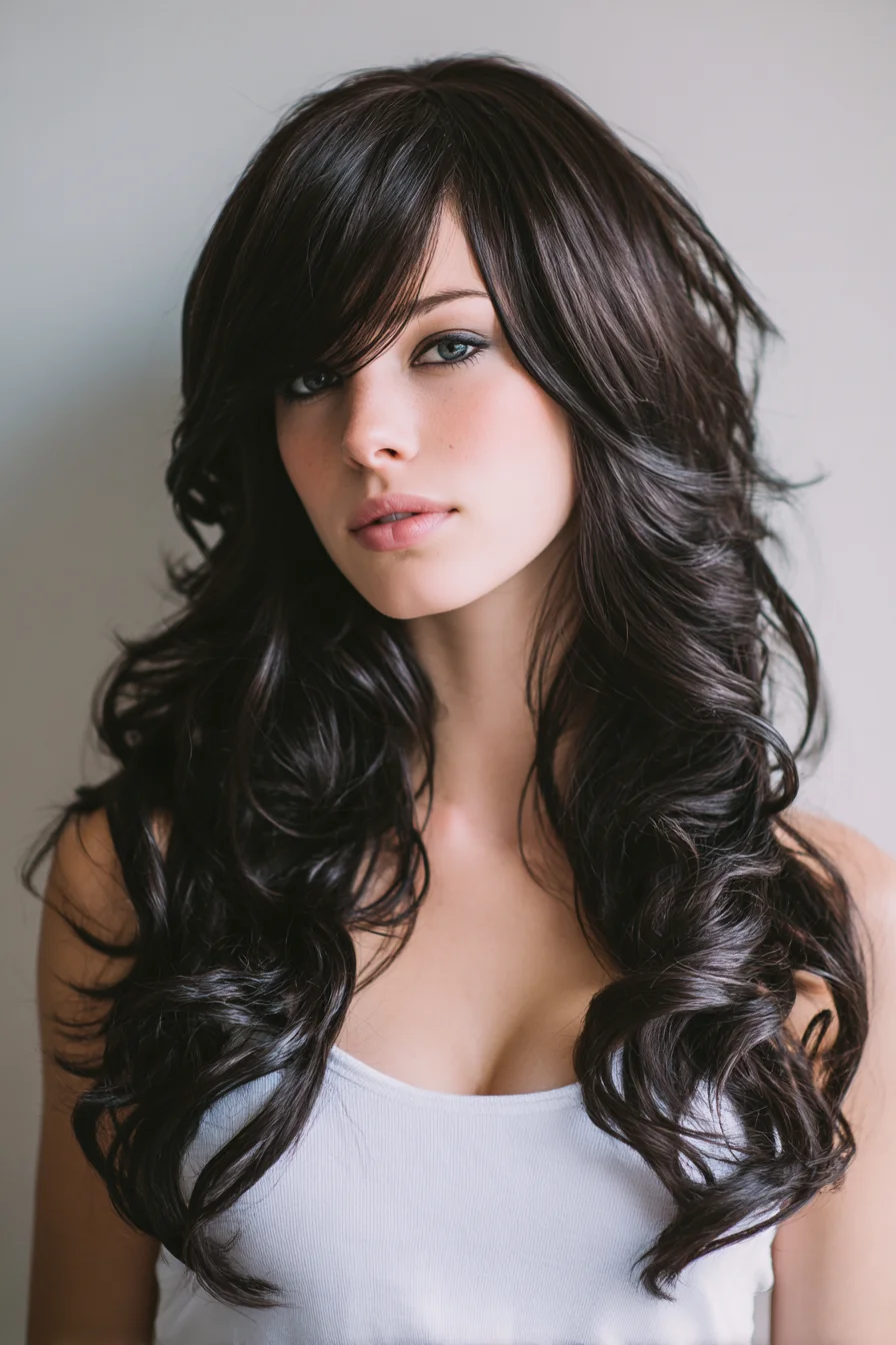 Long Layered Waves with Side‑Swept Fringe — Voluminous Salon Cut