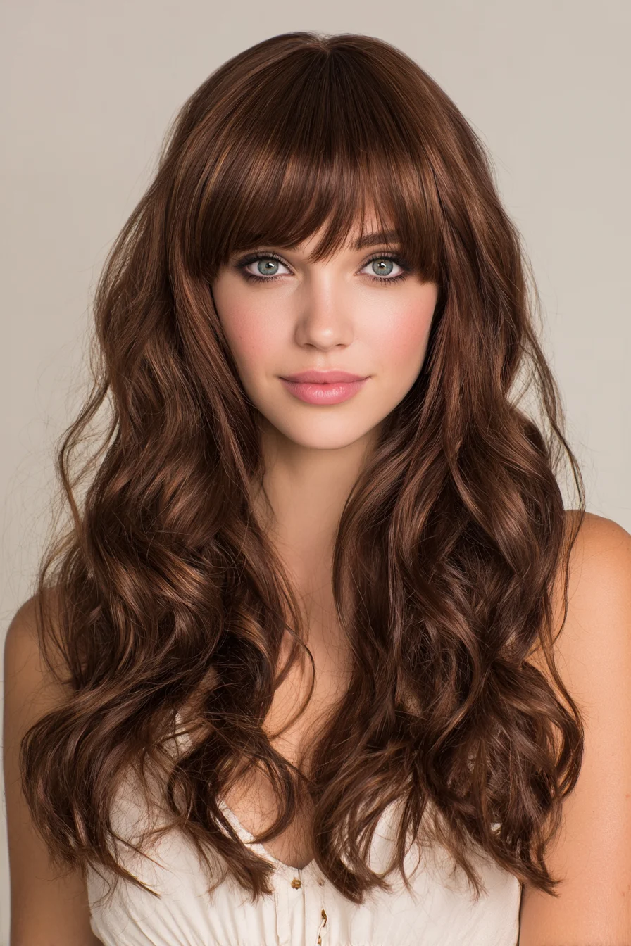 Long Layered Waves with Soft Blunt Fringe (Full Bangs)