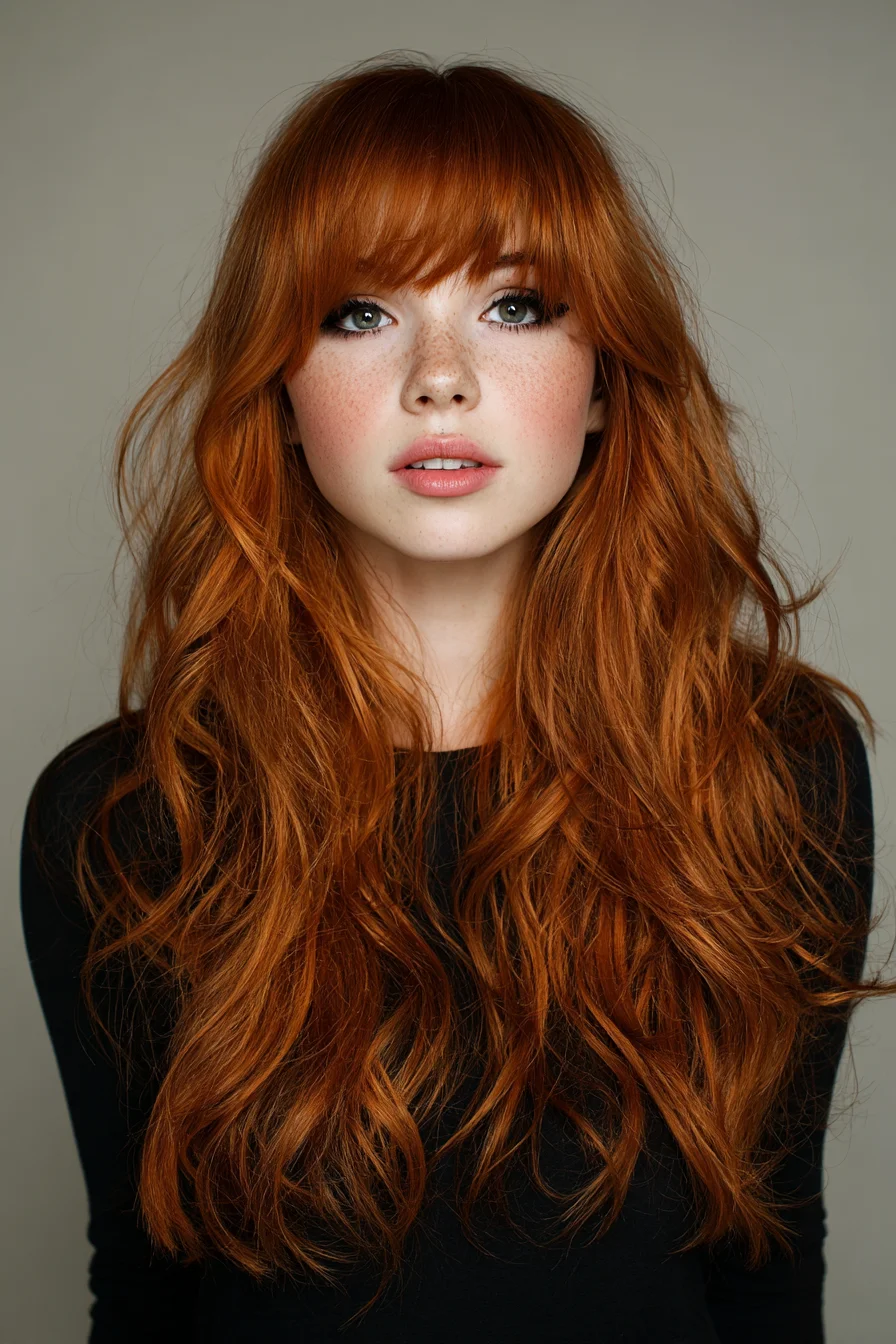 Long Layered Waves with Soft Curtain Bangs — Tousled Red Hair