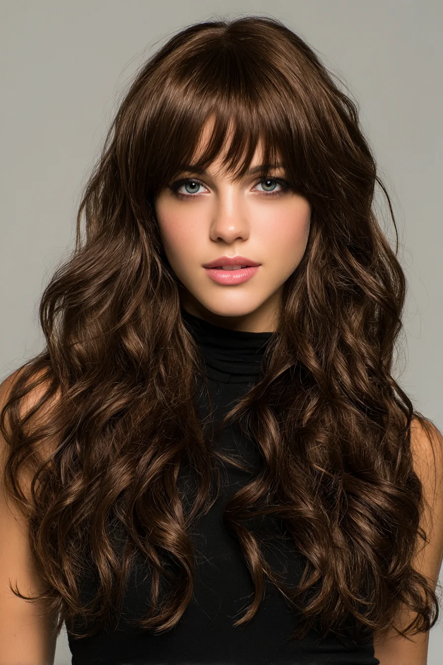 Long Layered Waves with Soft Curtain Bangs