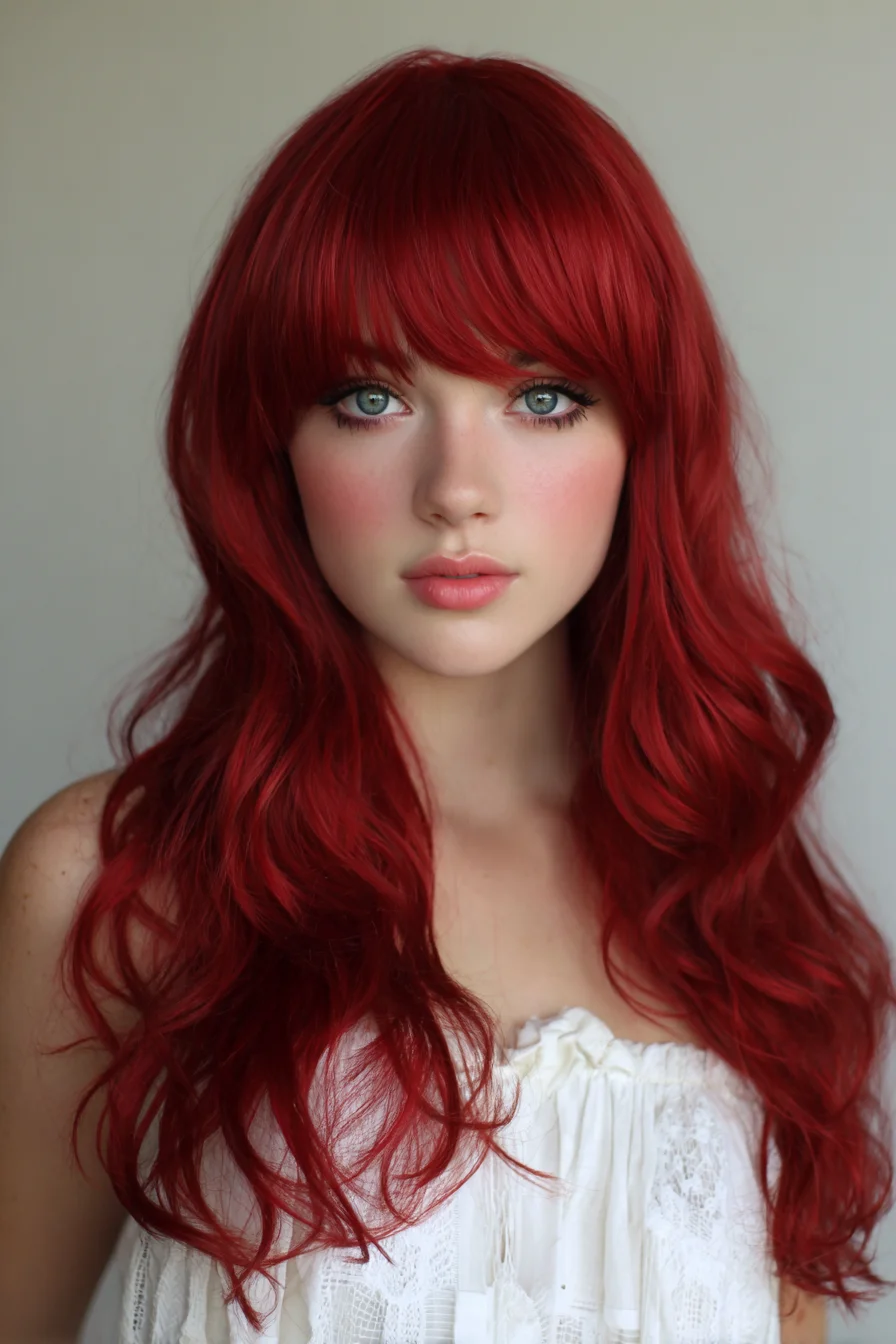 Long Layered Waves with Wispy Fringe — Vibrant Red Hair