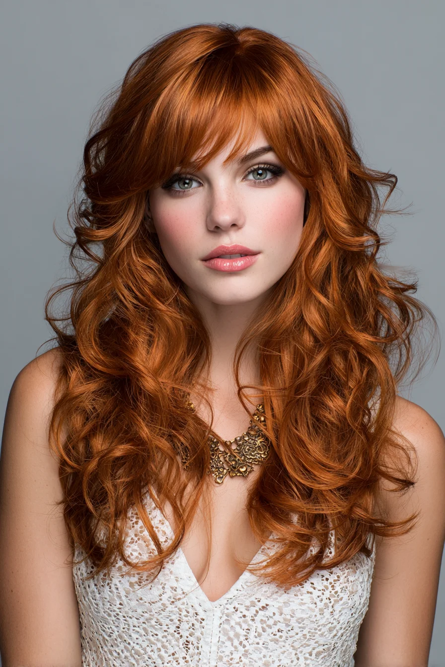Long Layered Waves with Wispy Fringe — Voluminous Copper Red Style