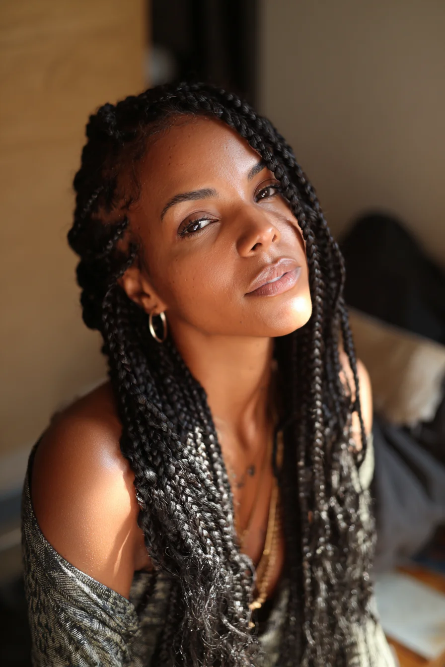 Long Medium Box Braids — Side-Swept Protective Style