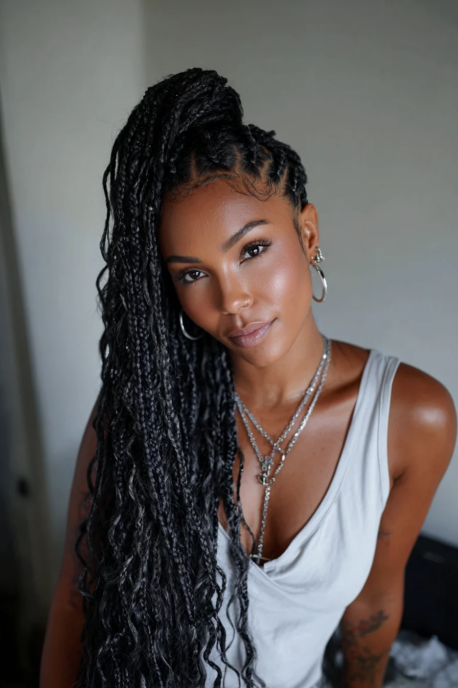 Long Micro Box Braids with Feed‑In Cornrows and High Side Ponytail