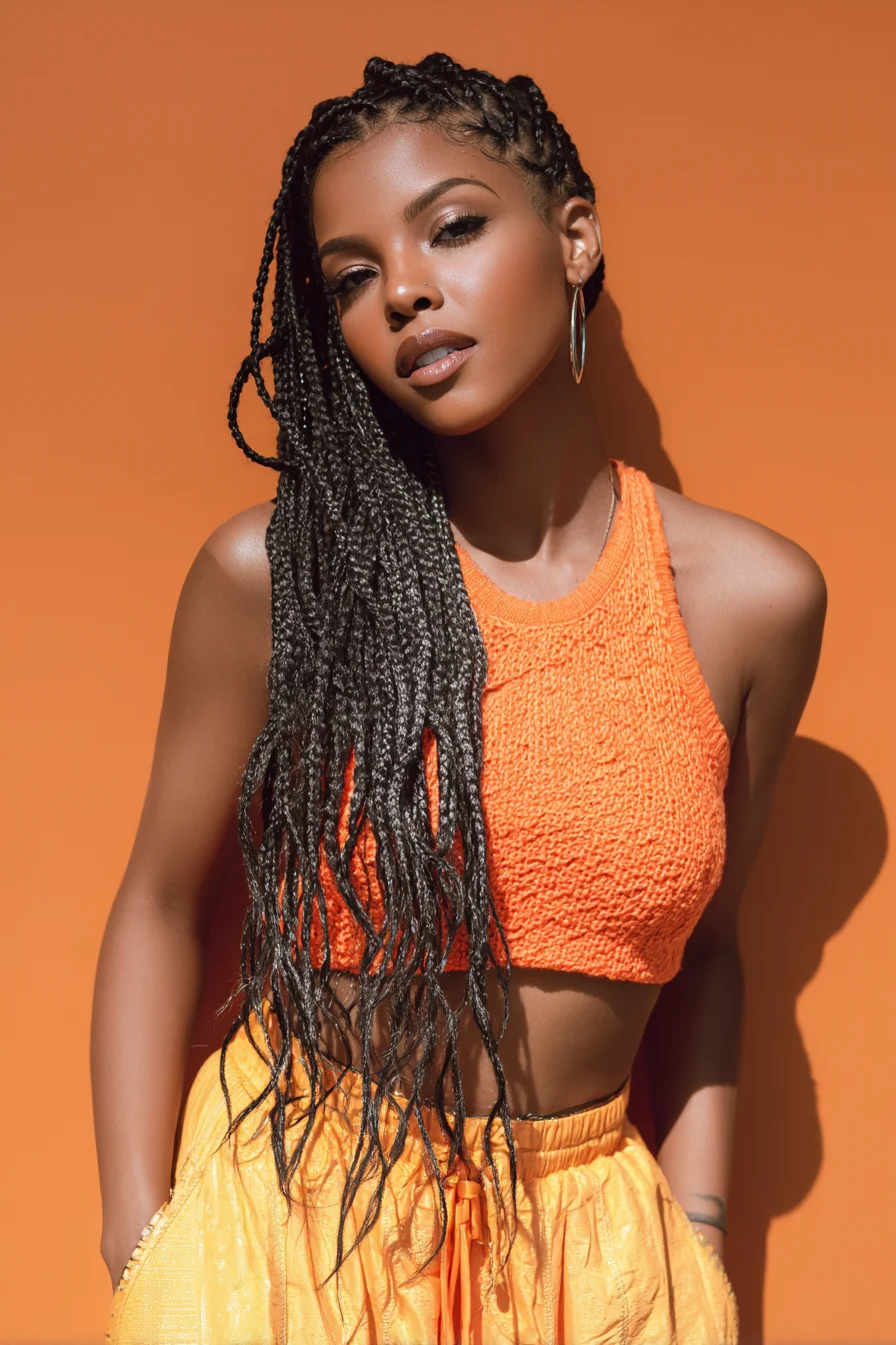 Long Micro/Box Braids with Side-Swept Feed-In Detail