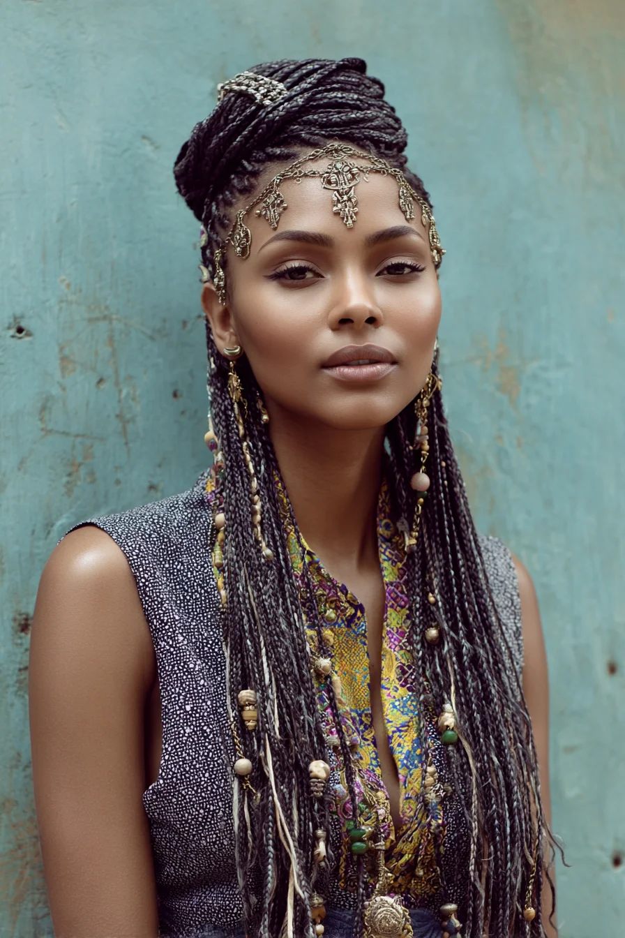 Long Micro Braids with High Bun and Beaded Accents