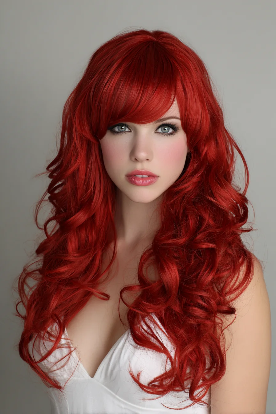 Long Red Layered Waves with Side-Swept Fringe