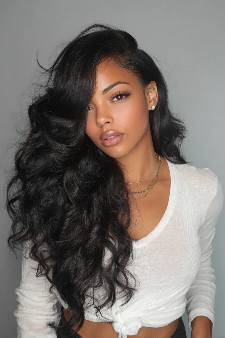 Long Side-Swept Glam Waves for Volume and Movement