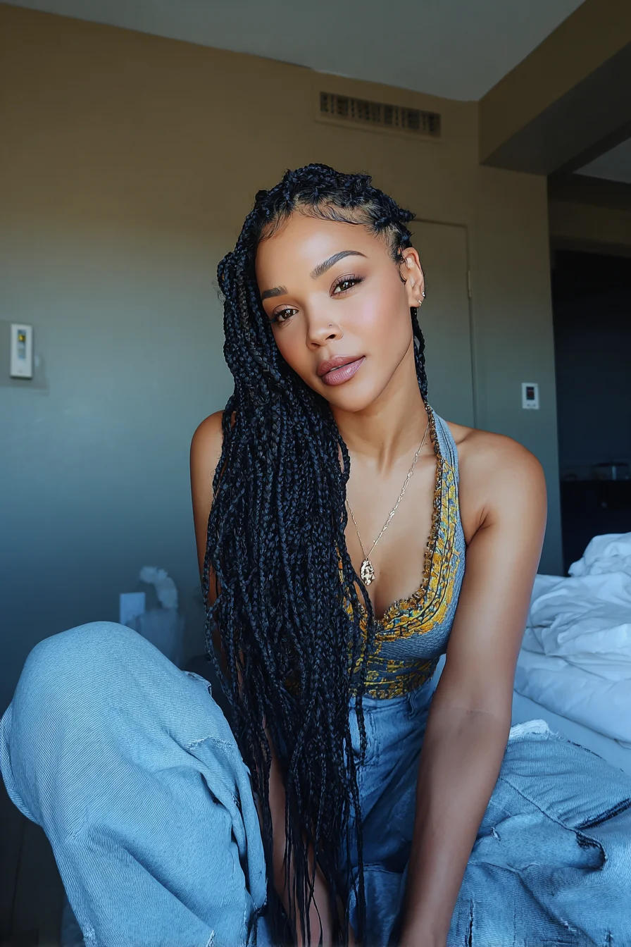 Long Side-Swept Micro Twists with Cornrowed Base and Defined Baby Hairs
