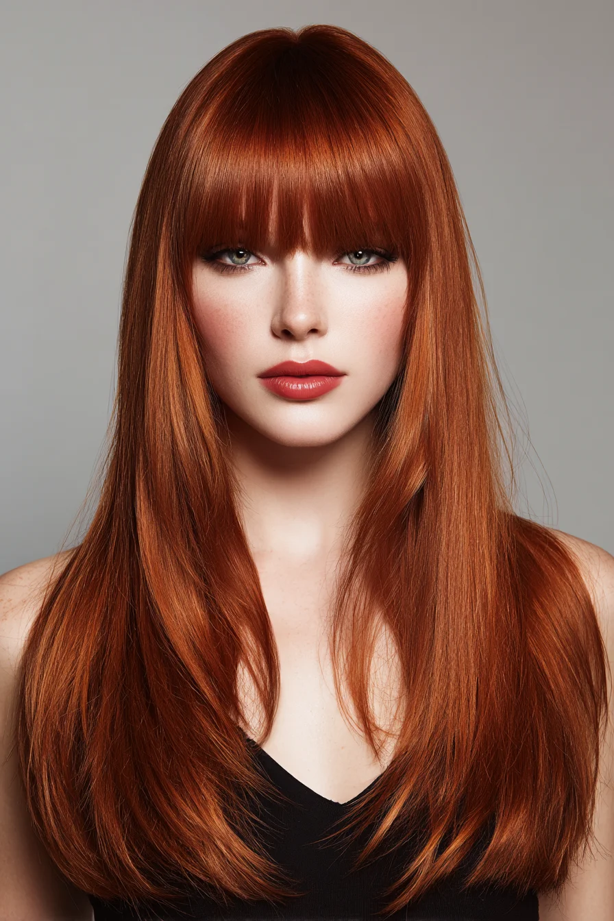 Long Sleek Copper Hair with Blunt Fringe