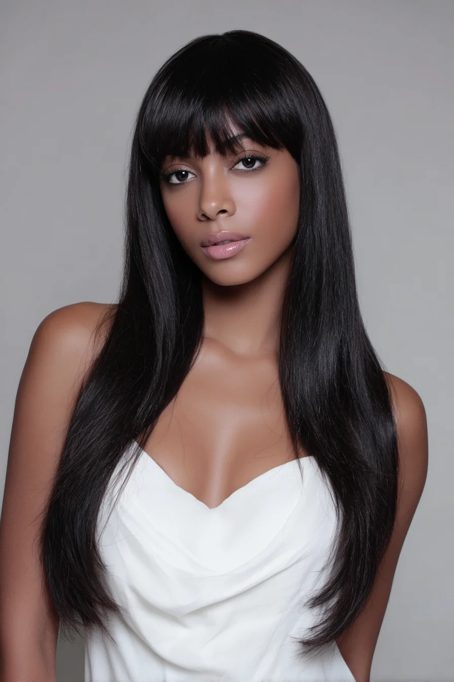 Long Sleek Layers with Blunt Fringe — Straight Glossy Finish