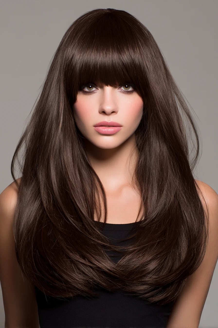 Long Sleek Layers with Full Blunt Bangs — Smooth, Straight Salon Cut