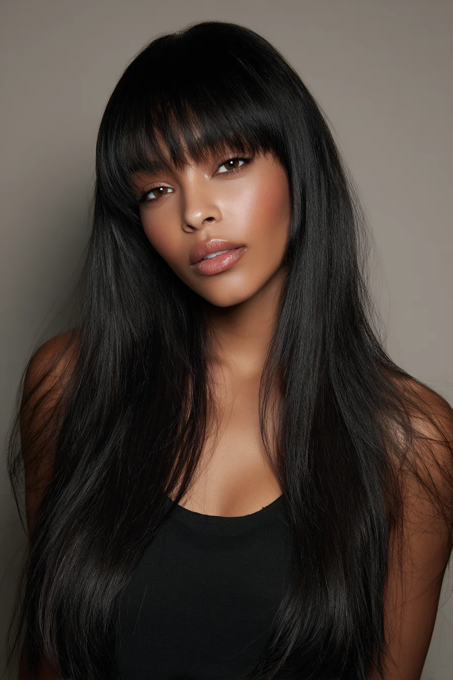 Long Sleek Layers with Wispy Blunt Bangs