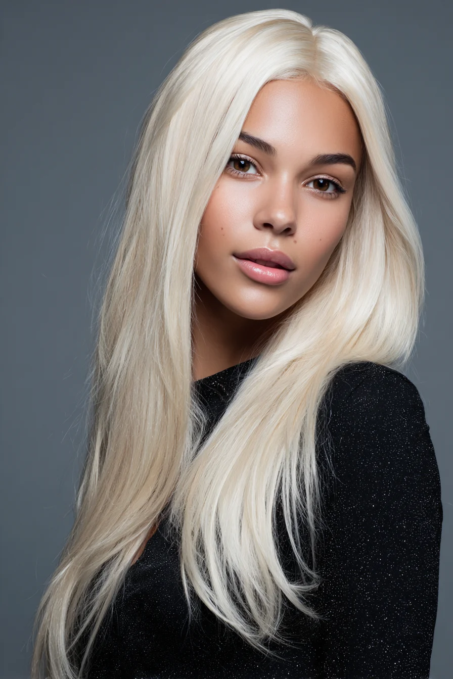 Long Sleek Platinum Layers — Center Part, Face‑Framing Lengths