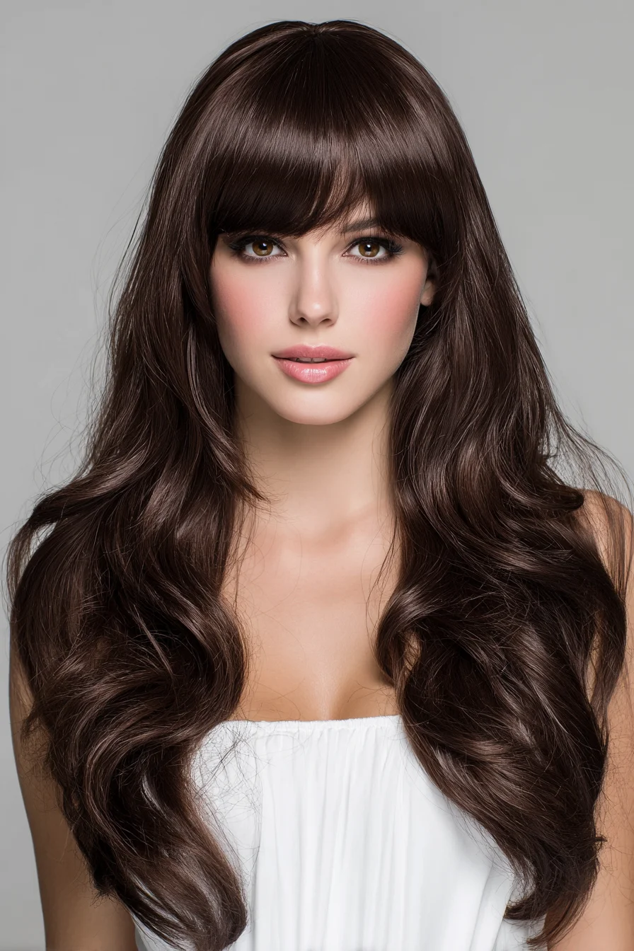 Long Soft Waves with Blunt Fringe — Smooth, Face‑Framing Hairstyle