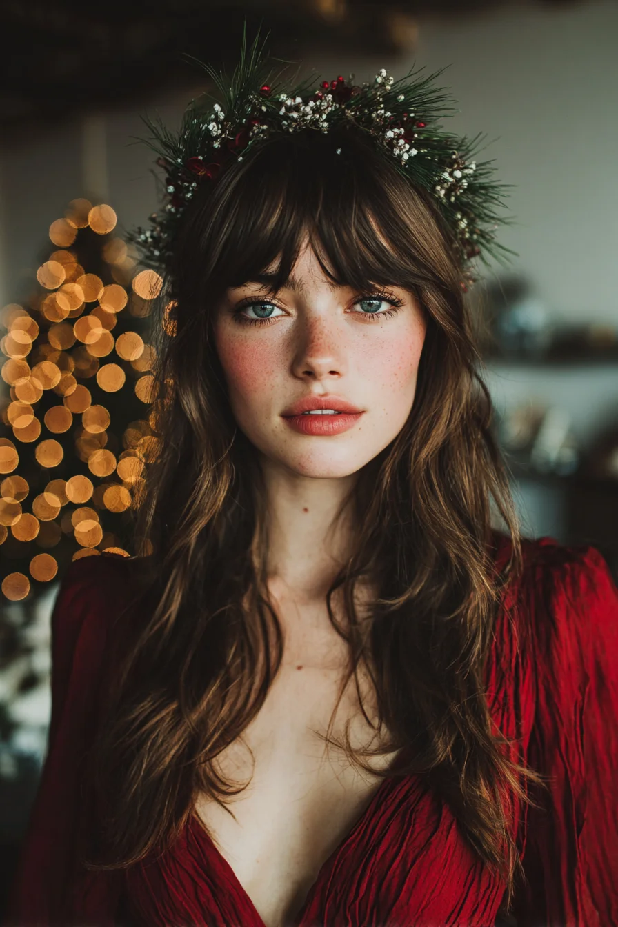 Long Soft Waves with Curtain Bangs and Festive Floral Crown