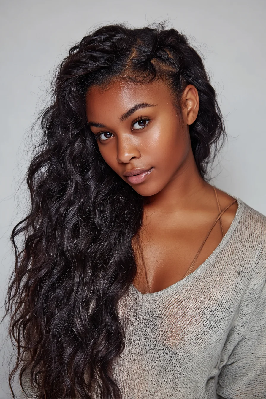 Long Textured Waves with Side Cornrow Accent