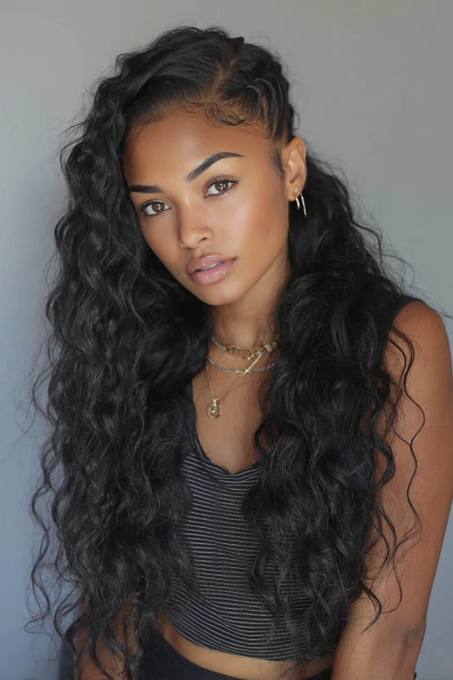 Long Textured Waves with Side Cornrows and Laid Baby Hairs