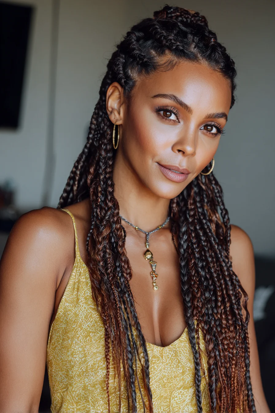 Long Two‑Strand Twist Braids with Cornrowed Crown — Protective Boho Style