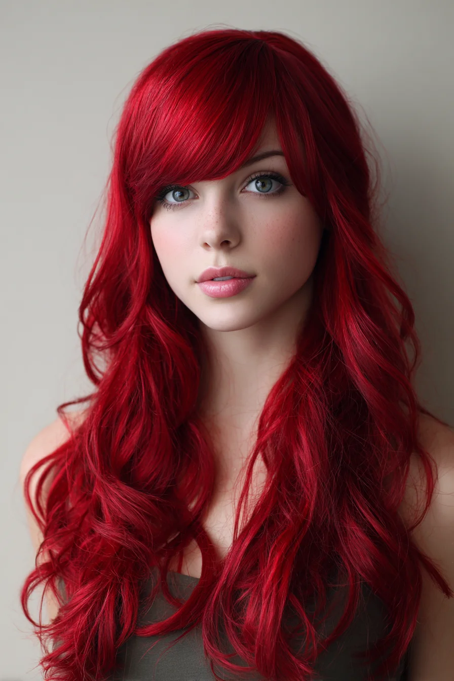 Long Vibrant Red Layers with Side-Swept Bangs