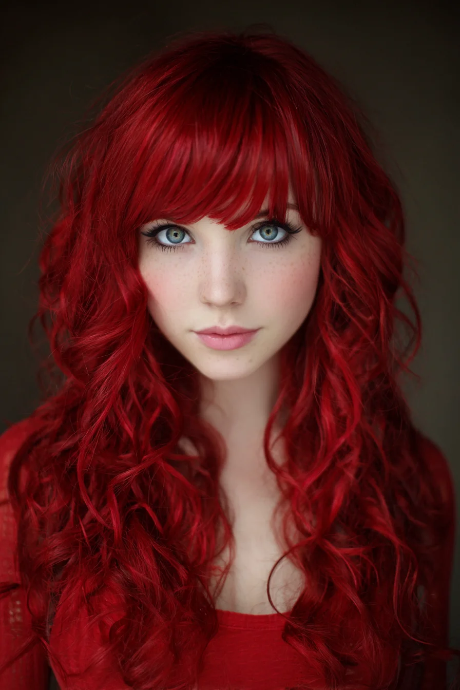 Long Vibrant Red Waves with Soft Blunt Fringe