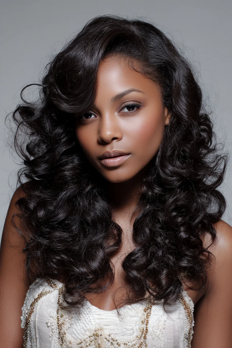 Long Voluminous Hollywood Waves with Deep Side‑Swept Layered Curls