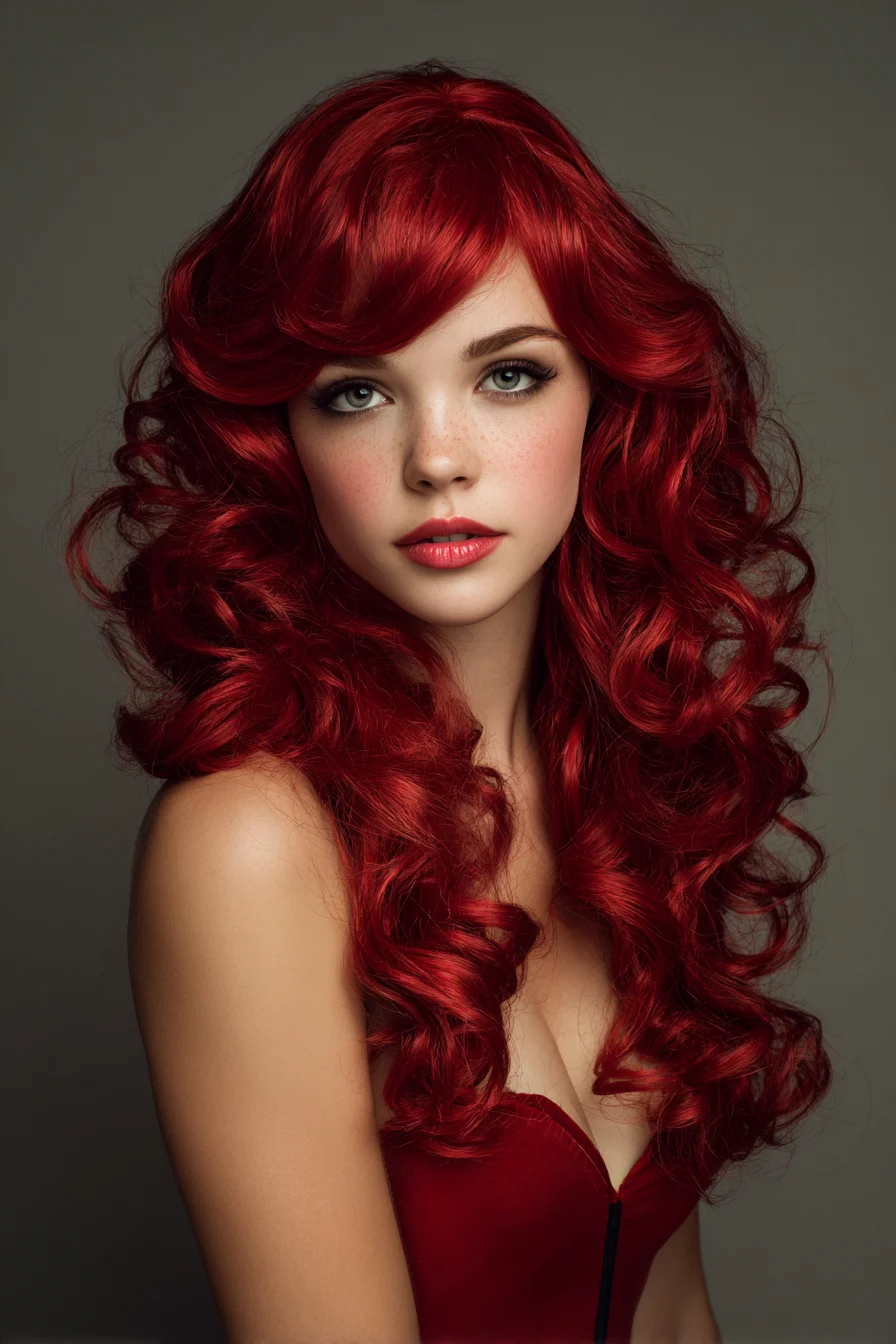 Long Voluminous Red Curls with Side-Swept Fringe