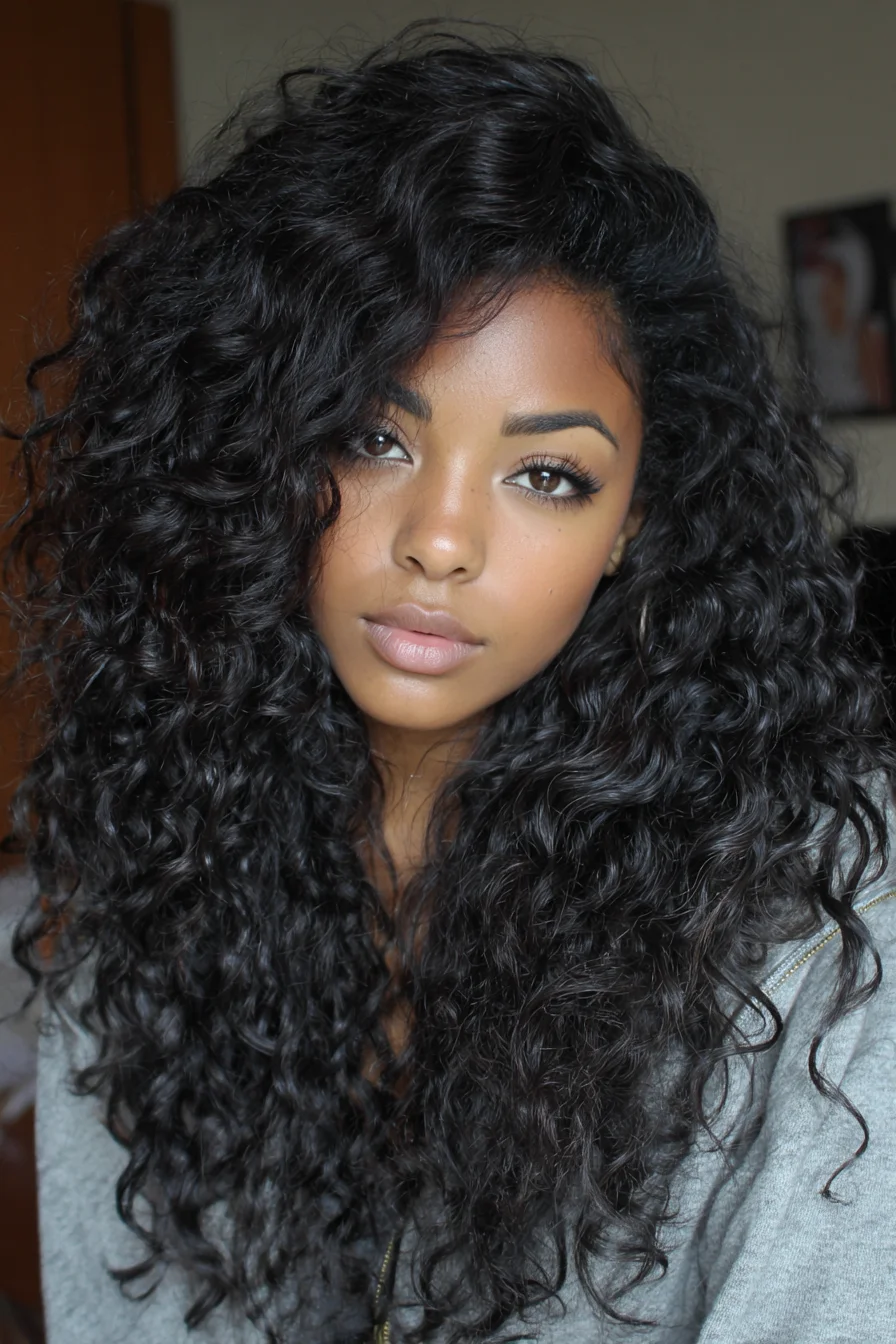 Long Voluminous Side‑Parted Natural Curls