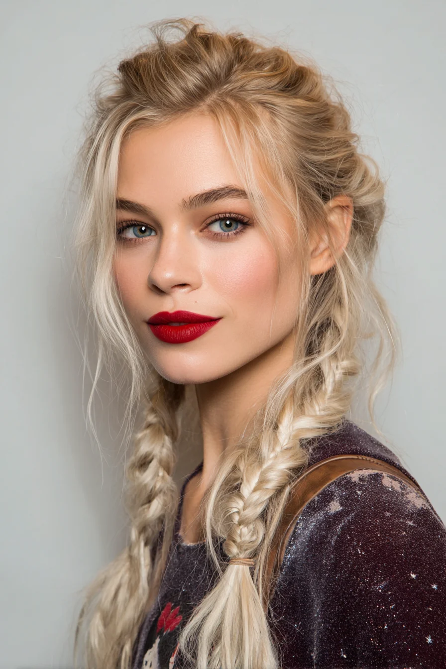 Loose Boho Double Braids with Face‑Framing Tendrils