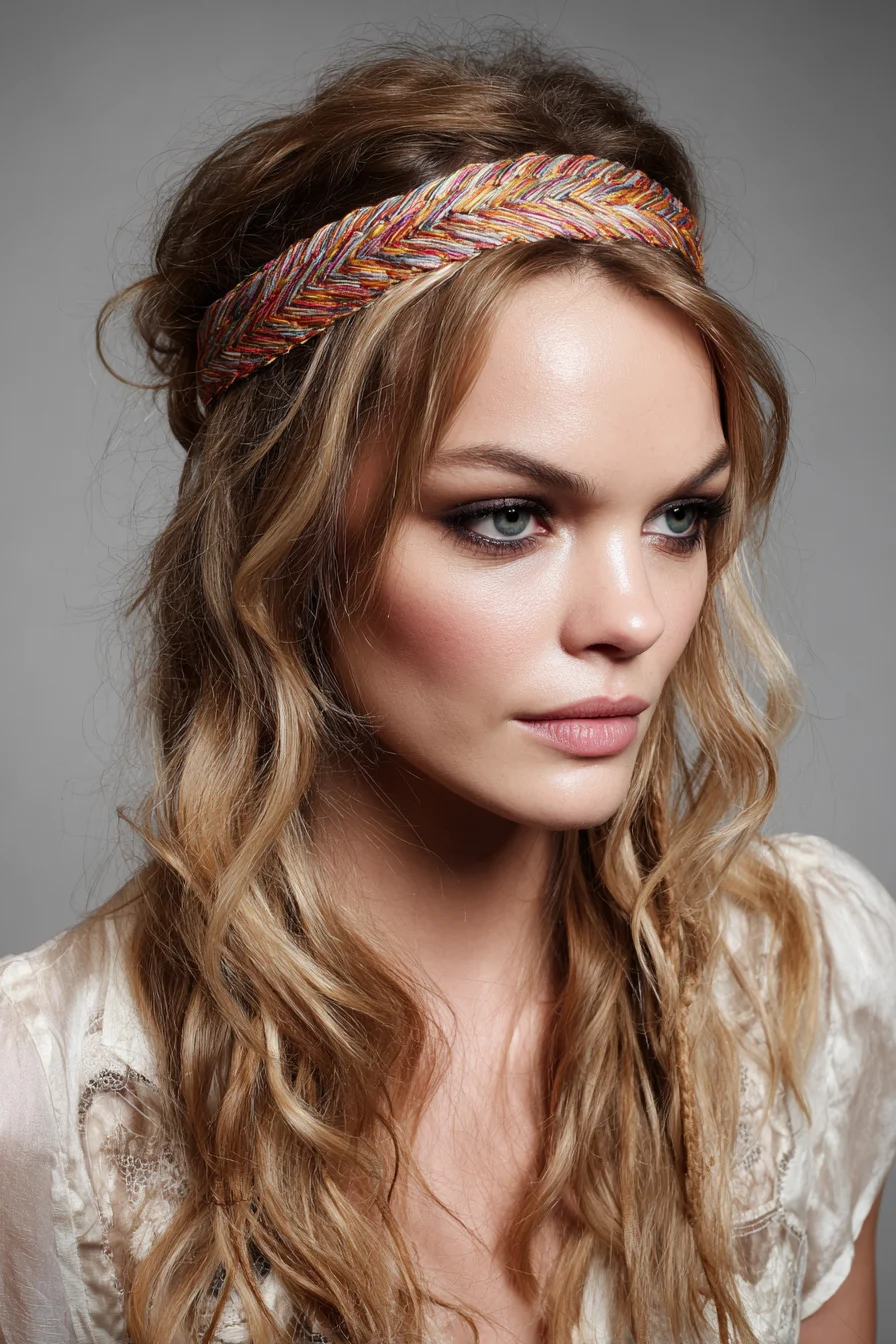 Loose Boho Waves with Thin Braid and Fabric Headband