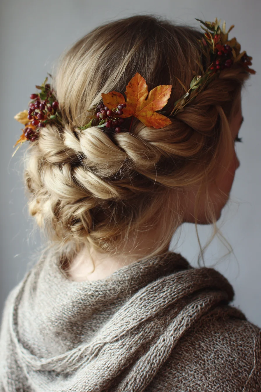Loose Crown Braid Low Updo with Floral Accents