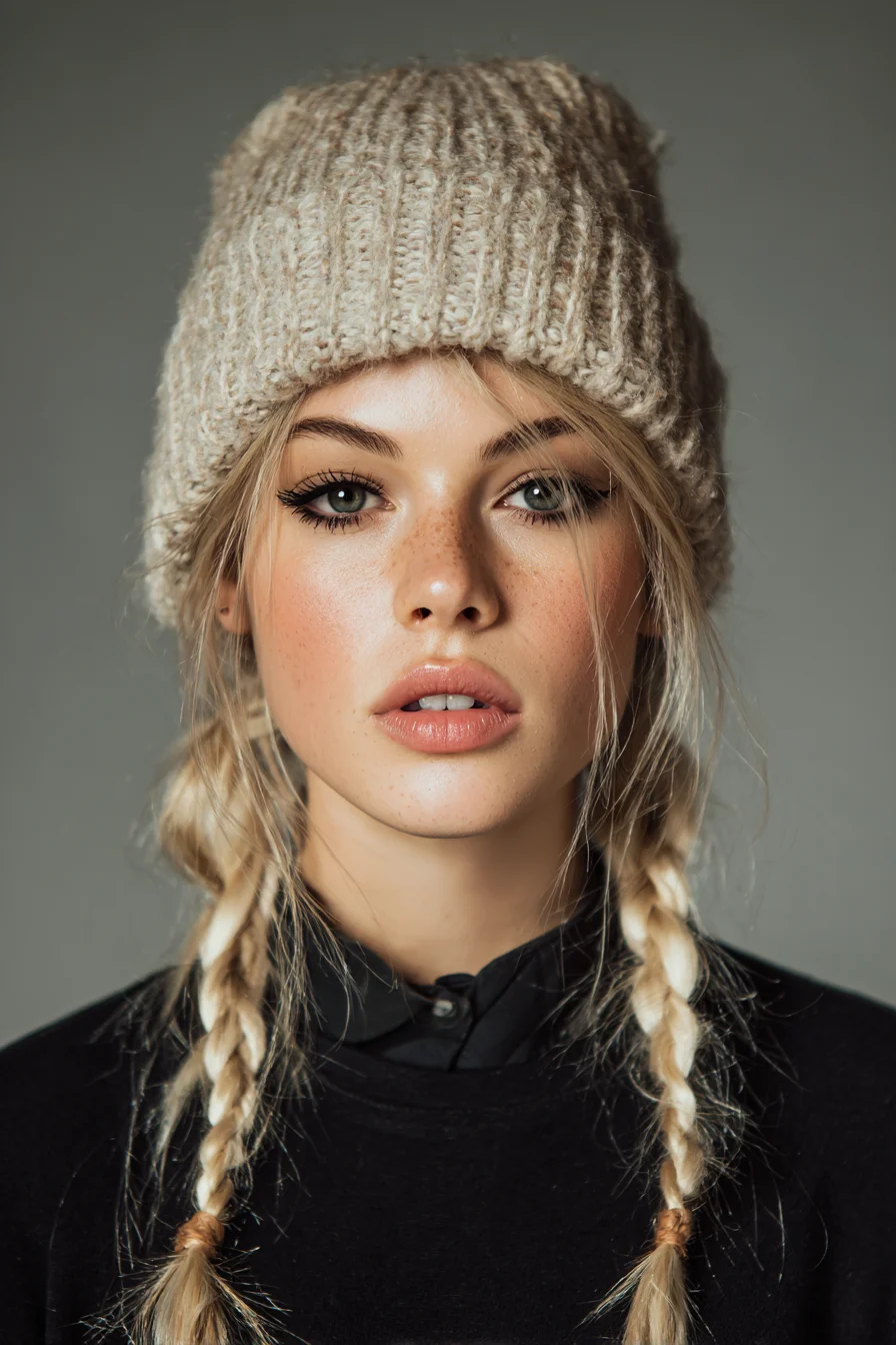 Loose Double Braids with Face‑Framing Wisps — Beanie‑Friendly Casual Style