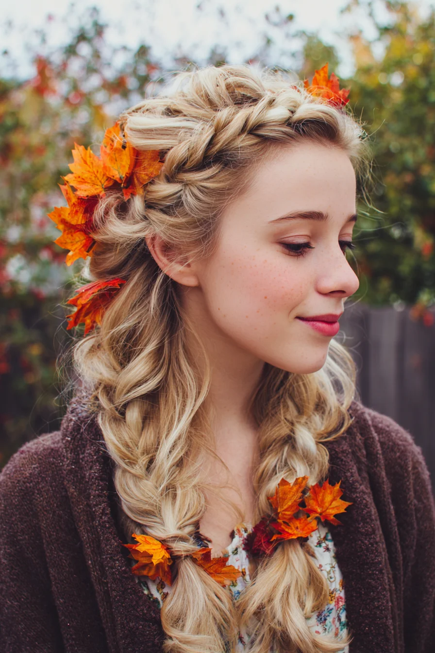 Loose Dutch Crown Braids with Textured Double Braids and Autumn Leaf Accents