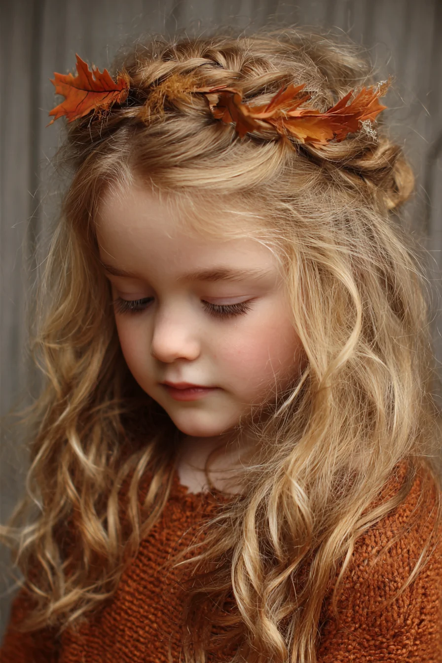 Loose Natural Waves with Crown Braid and Autumn Leaf Accents