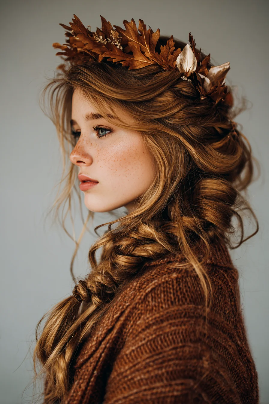 Loose Side Fishtail Braid with Boho Leaf Crown