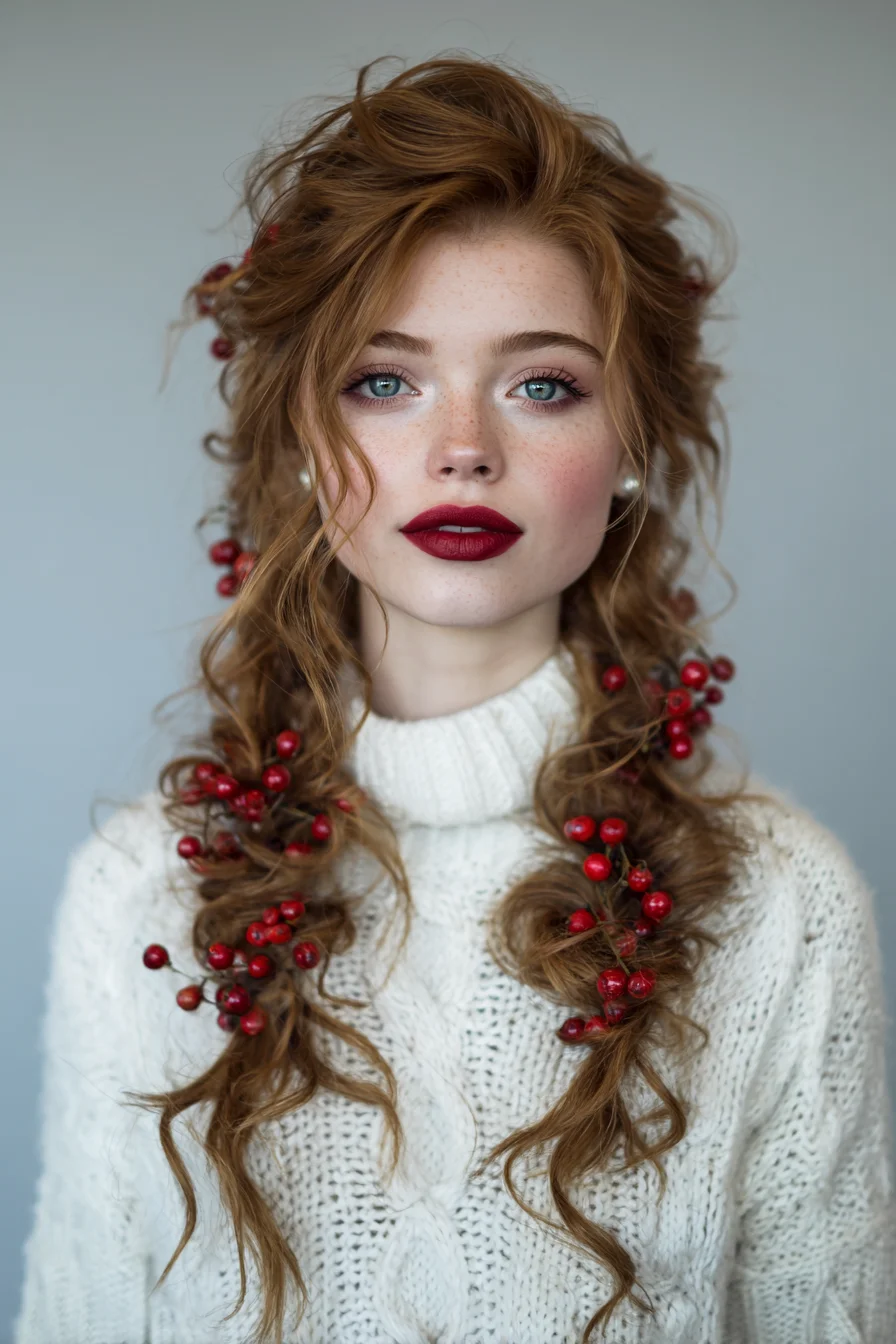 Loose Textured Braids with Berry Accents — Romantic Boho Holiday Hairstyle