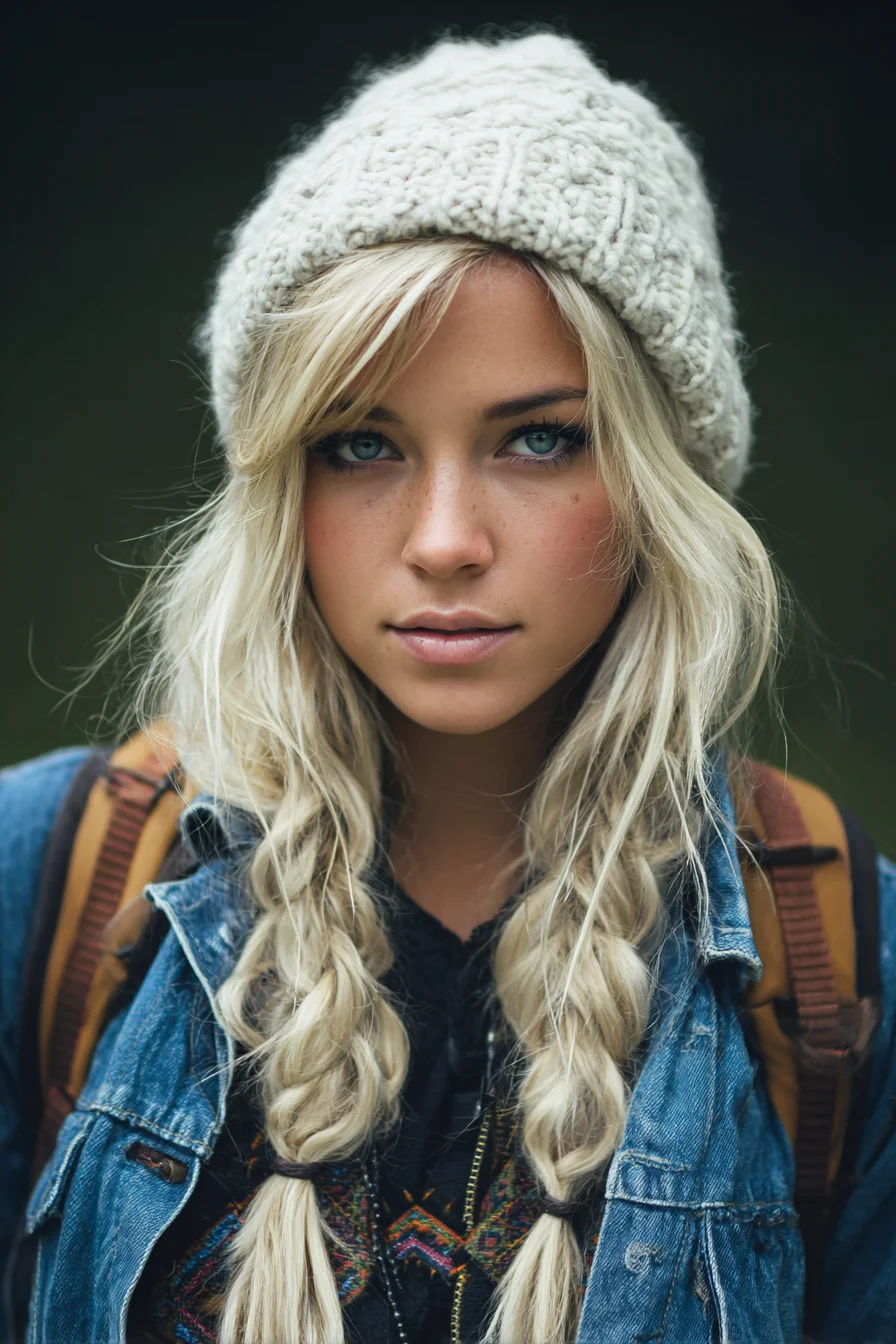 Loose Textured Double Braids with Face‑Framing Bangs — Boho Blonde Style