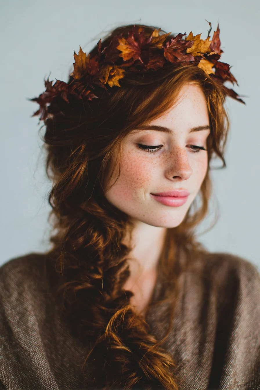 Loose Textured Fishtail Braid with Autumn Leaf Crown