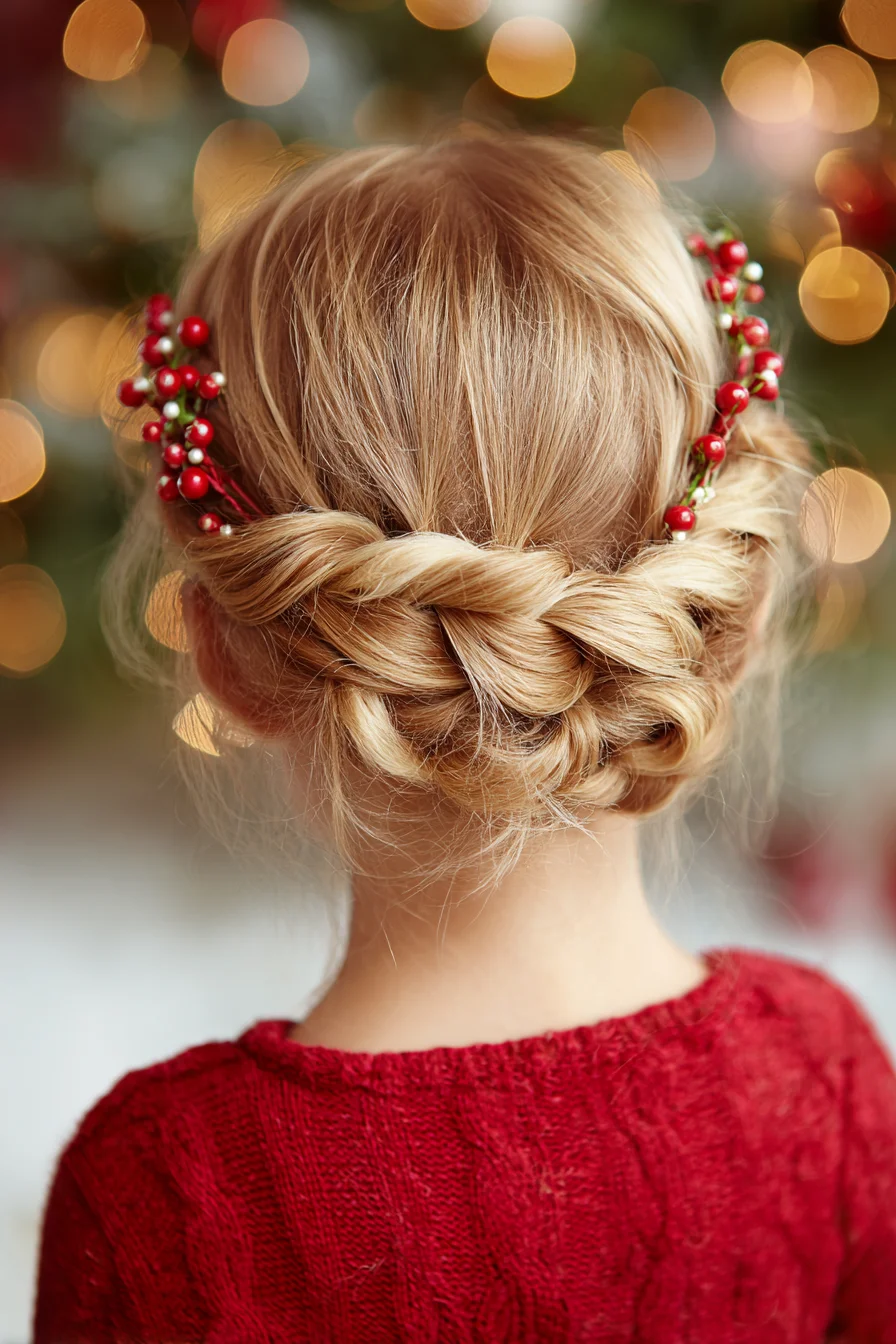 Low Twisted Braided Updo with Festive Berry Accents