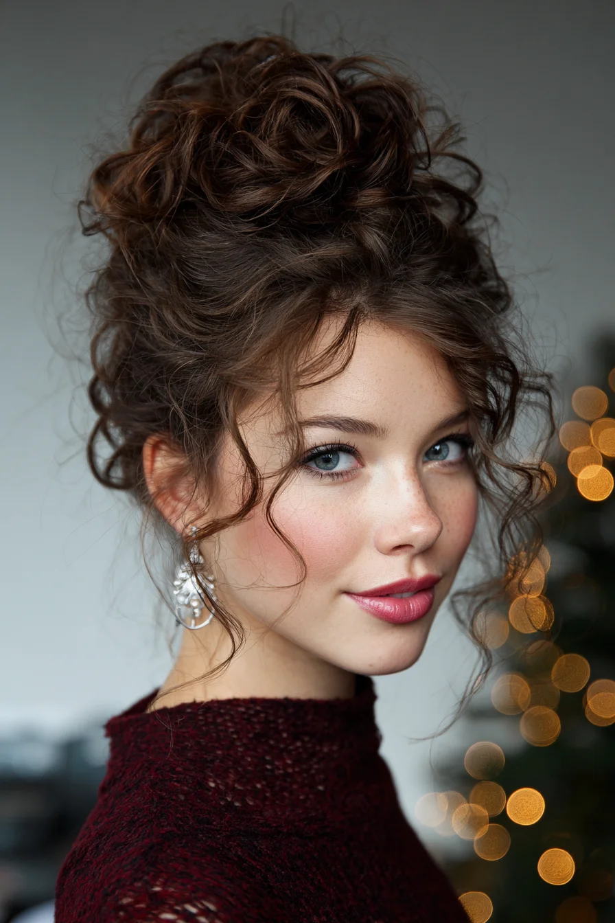 Messy Curly High Bun with Face-Framing Tendrils