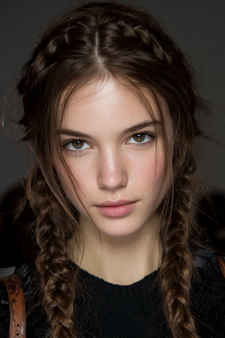 Messy Double French/Dutch Braids with Face‑Framing Pieces