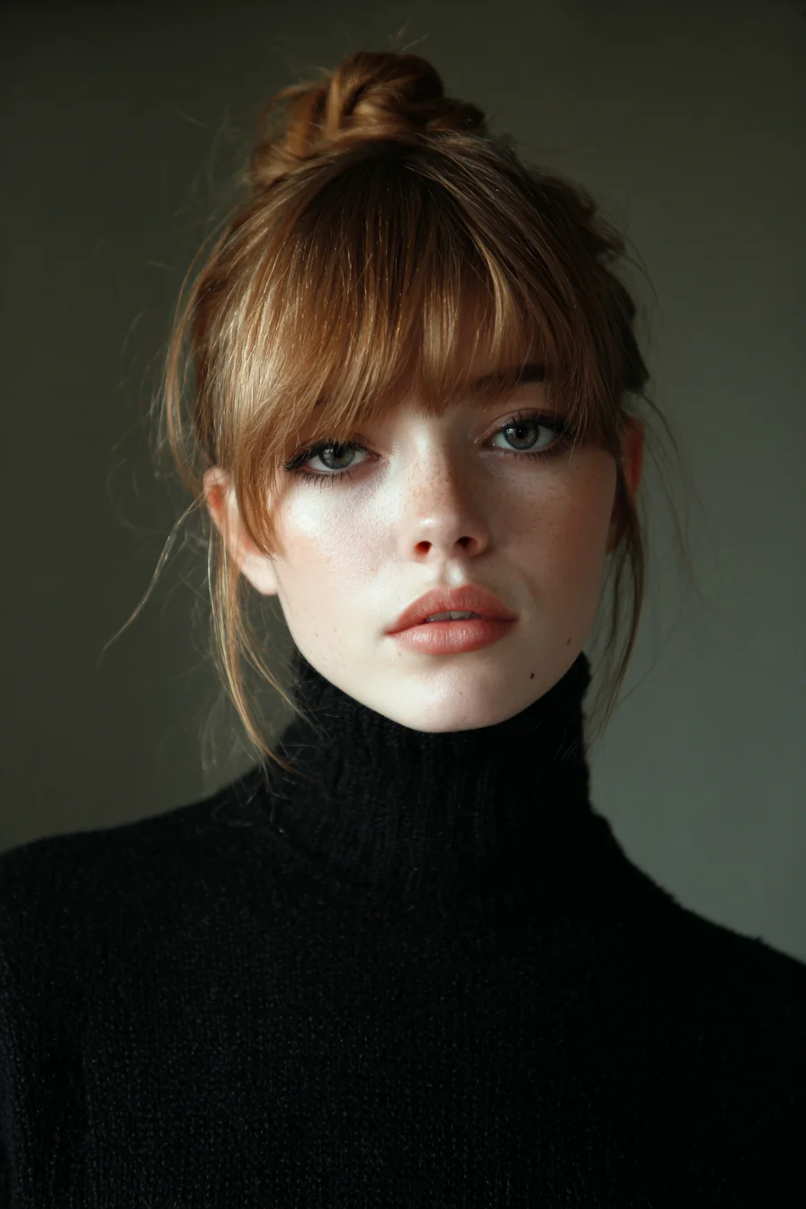 Messy High Top Knot with Wispy Blunt Fringe (Textured Bun & Bangs)