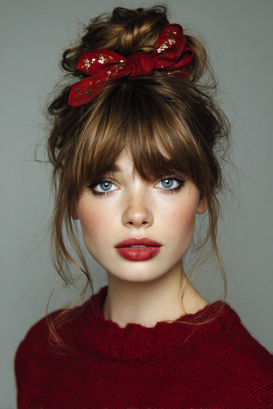 Messy Textured Top Knot with Curtain Bangs and Scarf Bow