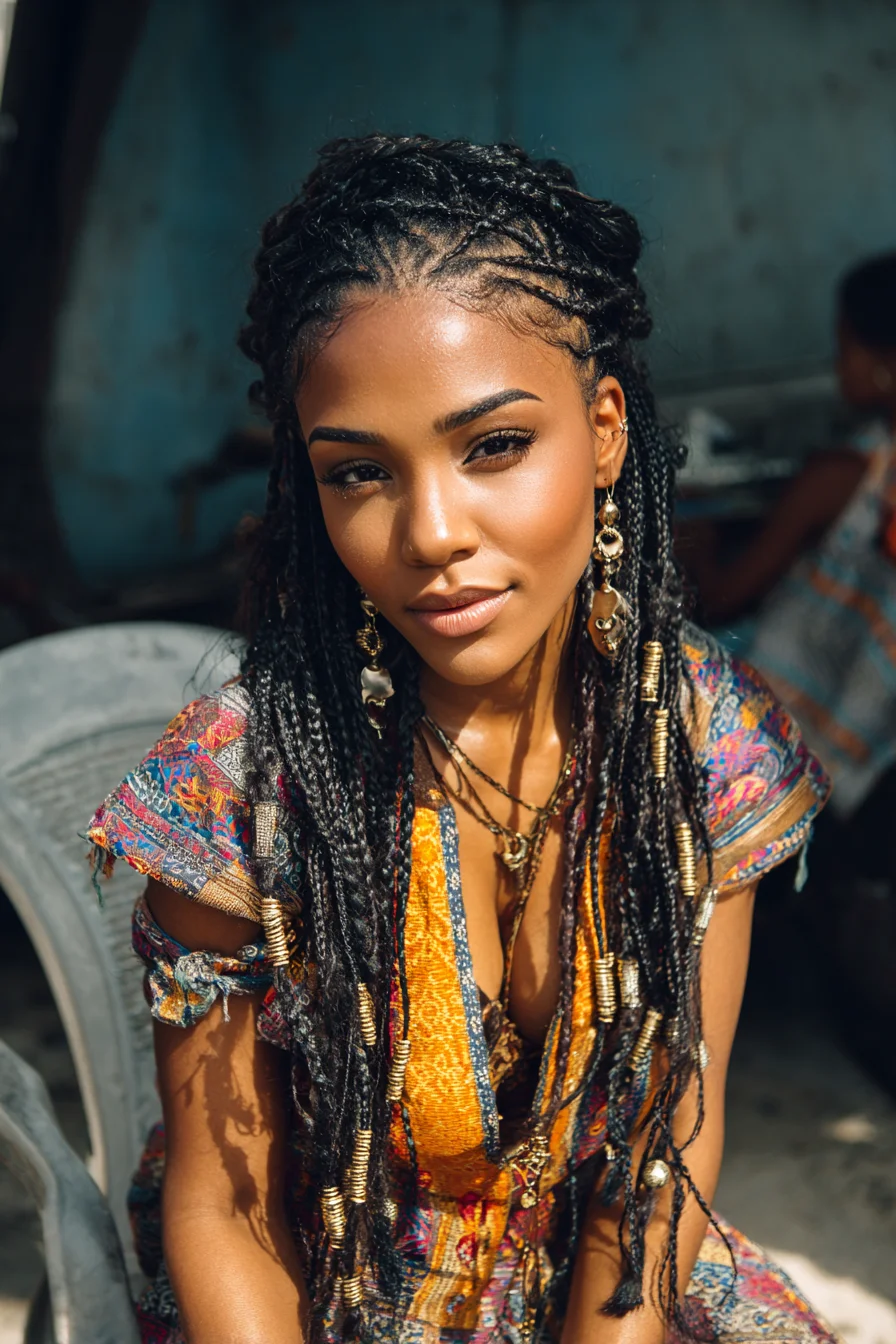 Micro Braids with Gold Coil & Bead Accents — Long Protective Style