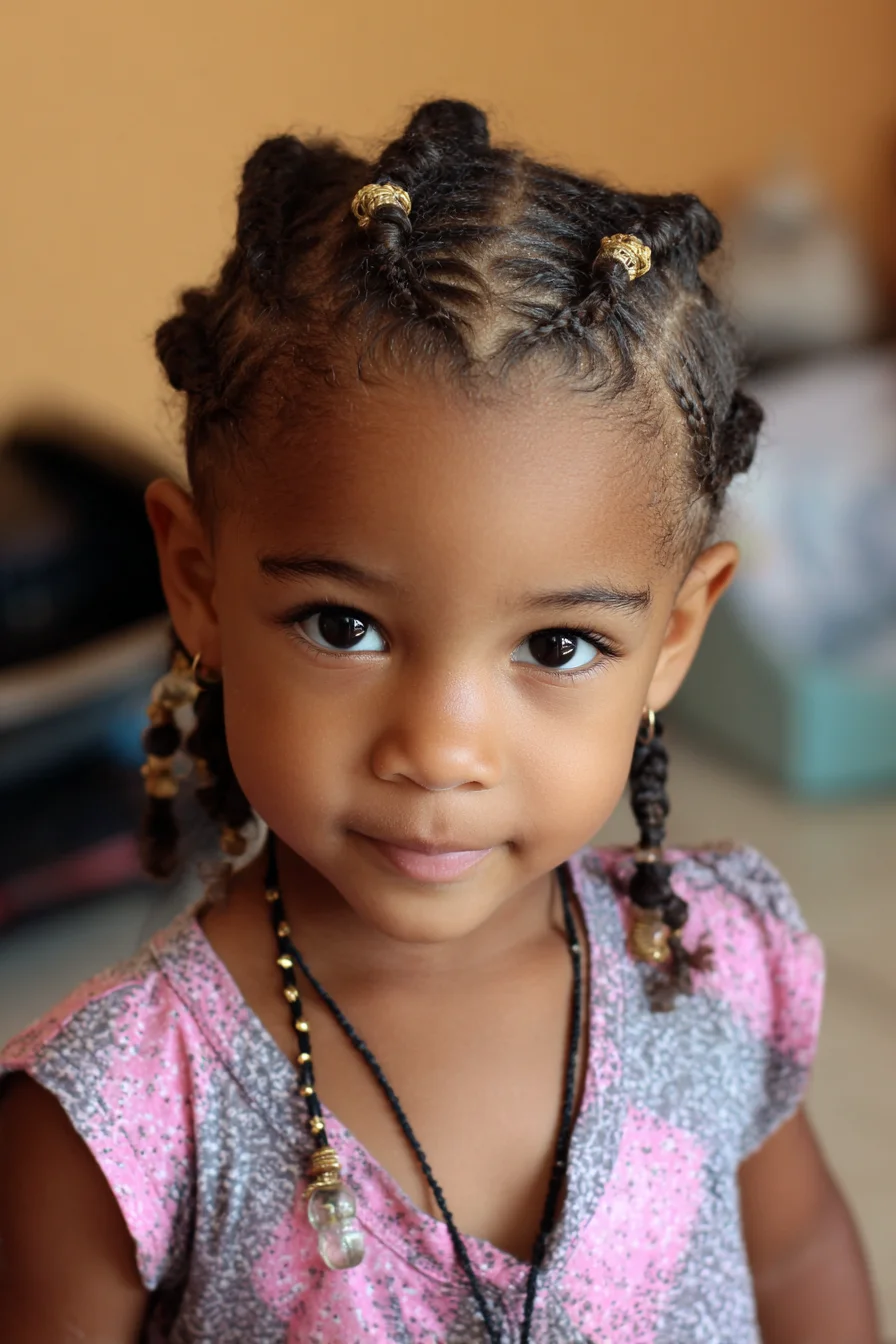 Mini Bantu Knots with Cornrowed Braids and Beaded Ends