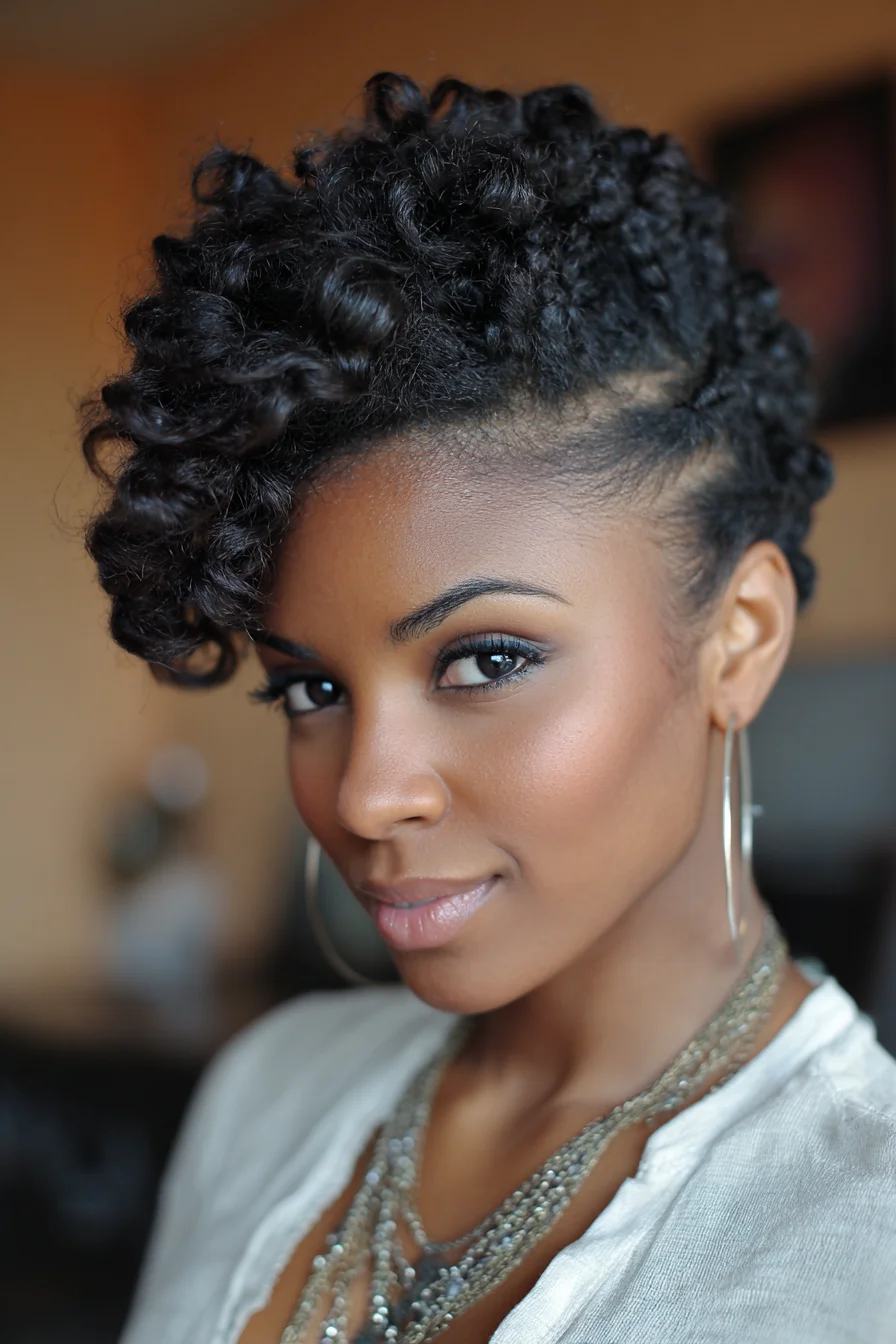 Natural Curly Faux Hawk with Defined Finger Coils and Tapered Sides