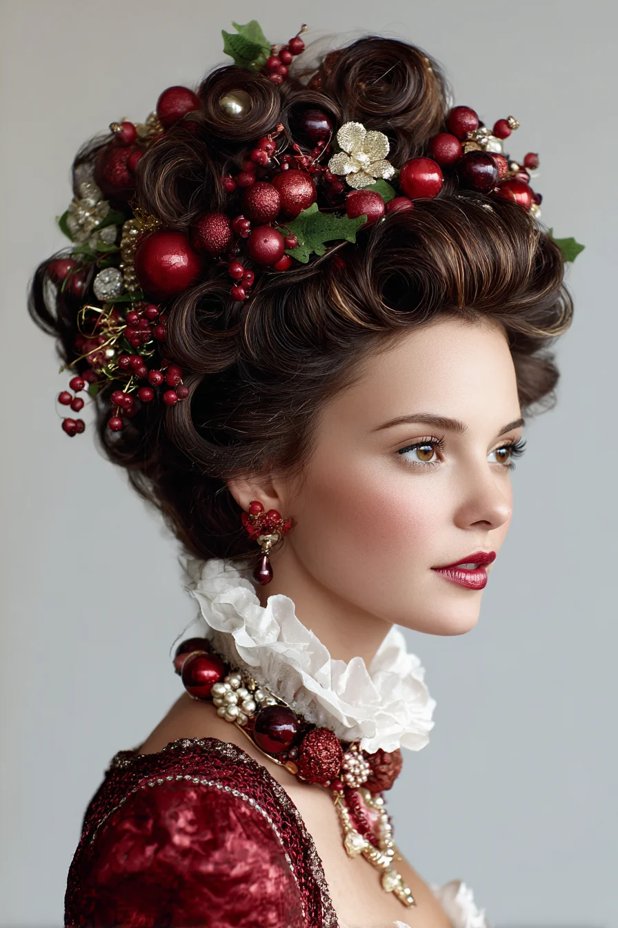 Ornamental Vintage Victory Rolls Updo with Festive Berry Accents