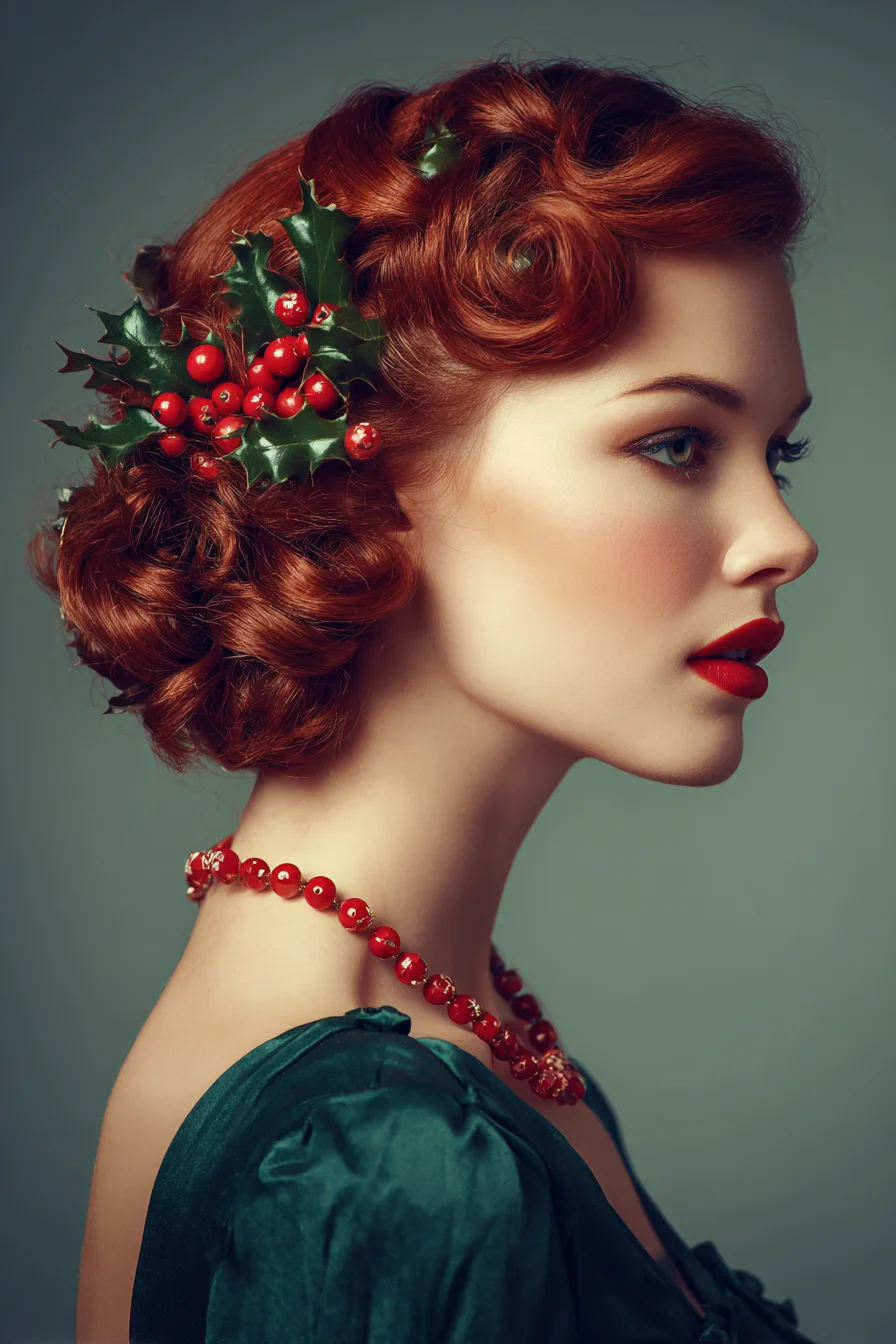Retro Pin-Curl Updo for Red Hair with Holiday Holly Accent