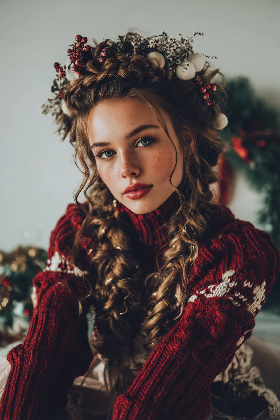 Romantic Boho Braided Crown with Loose Fishtail Braids and Face‑Framing Tendrils